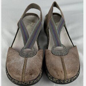 Rieker Regina Brown Leather Closed Toe Sandals Clogs 8 39 Rainbow Stretch Strap